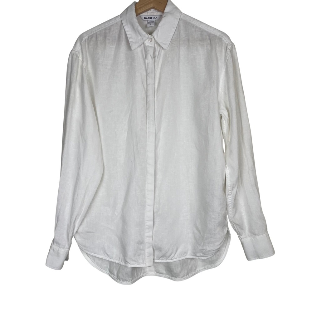 Athleta Playa Shirt White 100%‎ Linen Button Down Long Sleeve Small S